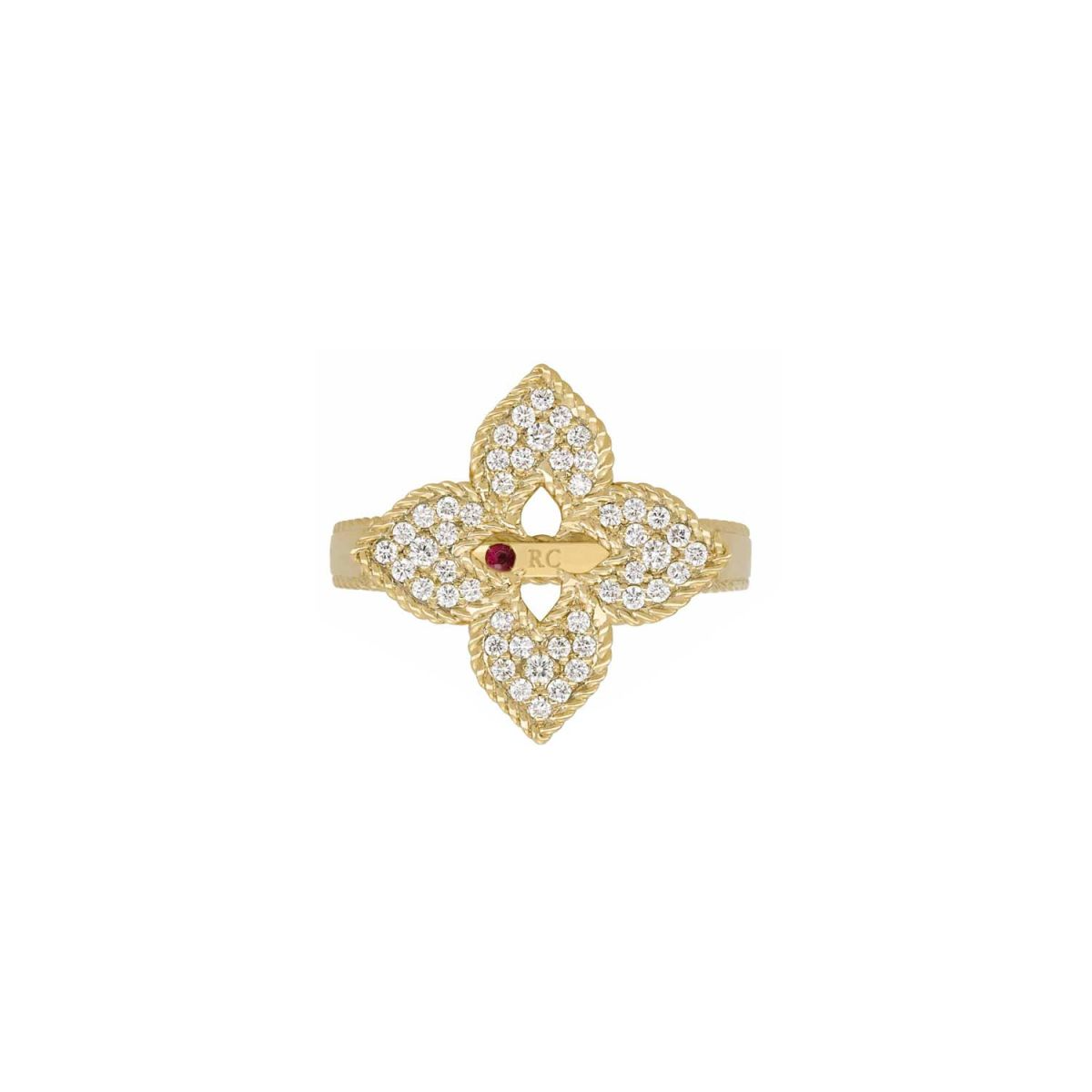 Roberto Coin Venetian Princess ring in 18ct yellow gold featuring an open flower design with diamond cluster petals, rope edge detailing, and a signature hidden ruby inside the shank.