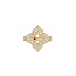 Roberto Coin Venetian Princess ring in 18ct yellow gold featuring an open flower design with diamond cluster petals, rope edge detailing, and a signature hidden ruby inside the shank.