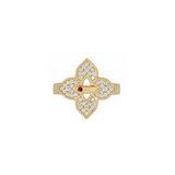 Roberto Coin Venetian Princess ring in 18ct yellow gold featuring an open flower design with diamond cluster petals, rope edge detailing, and a signature hidden ruby inside the shank.