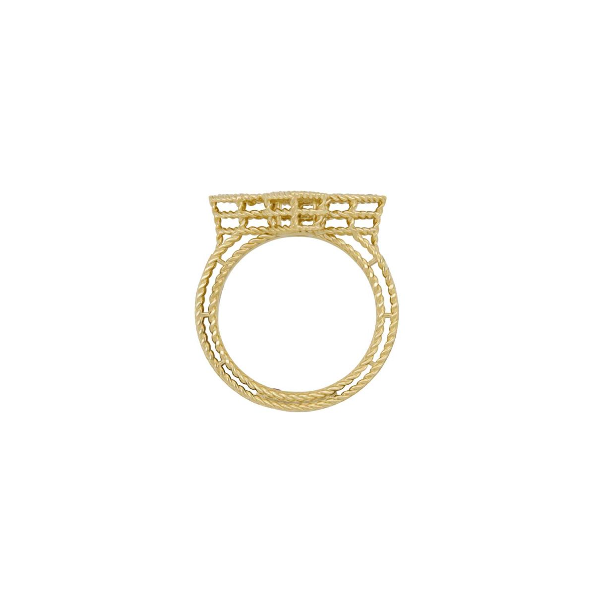 Roberto Coin Venetian Princess ring in 18ct yellow gold featuring an open flower design with diamond cluster petals, rope edge detailing, and a signature hidden ruby inside the shank.