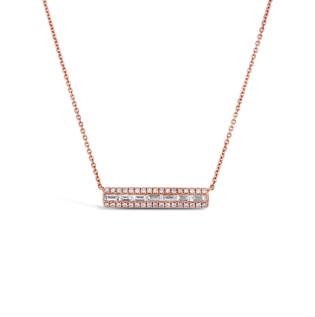 18ct rose gold diamond bar necklet featuring baguette and round brilliant cut diamonds set in a geometric row design, 42cm in length.