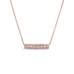 18ct rose gold diamond bar necklet featuring baguette and round brilliant cut diamonds set in a geometric row design, 42cm in length.