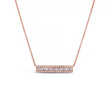 18ct rose gold diamond bar necklet featuring baguette and round brilliant cut diamonds set in a geometric row design, 42cm in length.