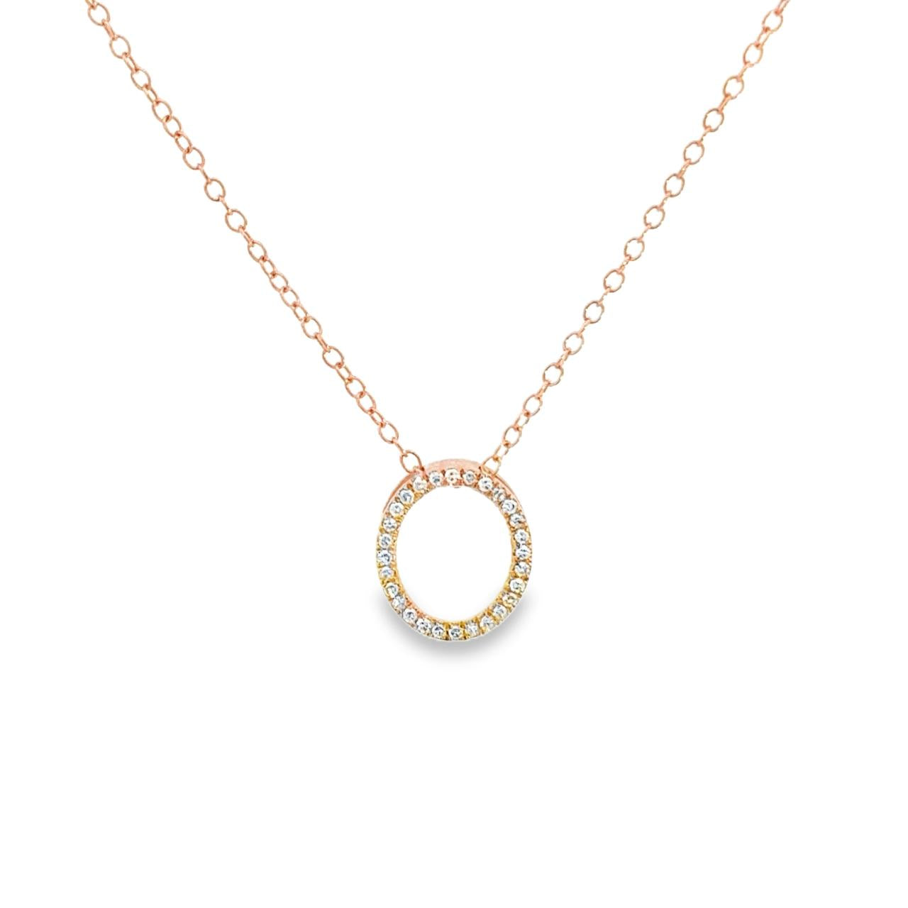 9ct rose gold oval pendant claw set with 28 single cut diamonds (0.09ct total) on a 45cm trace link chain.