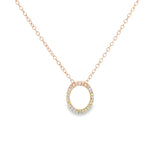 9ct rose gold oval pendant claw set with 28 single cut diamonds (0.09ct total) on a 45cm trace link chain.
