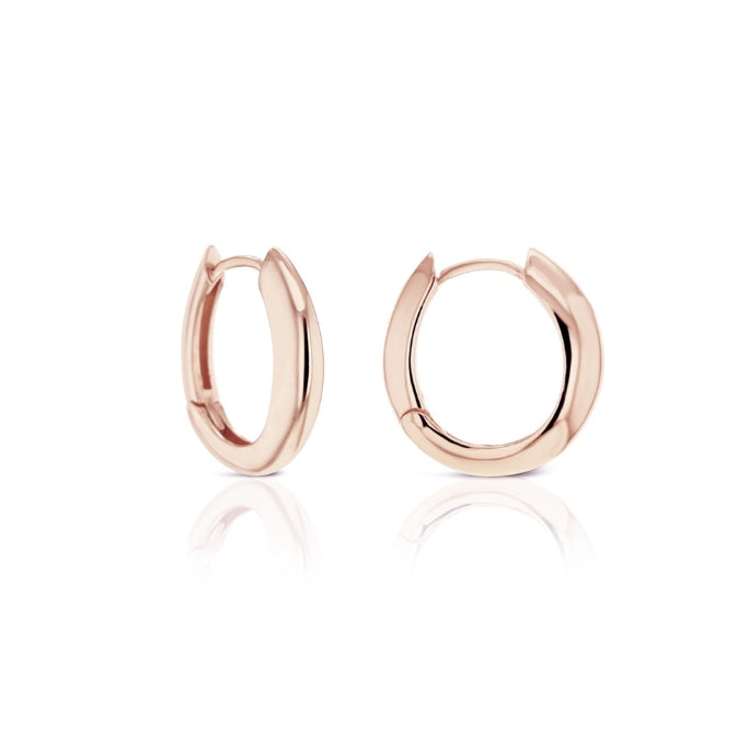 9ct rose gold huggie earrings with French curve oval design and hinged back.