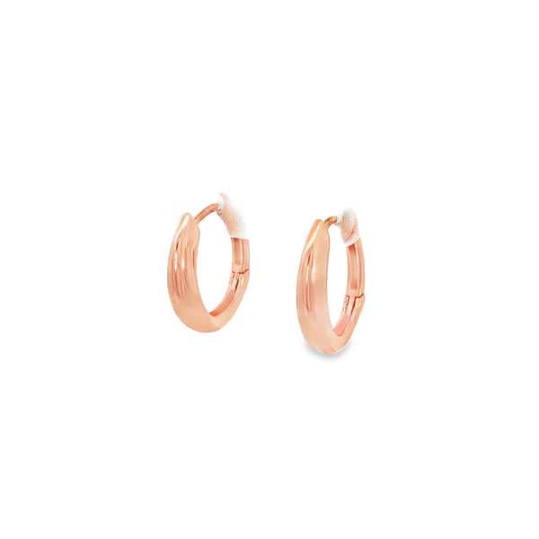 9ct rose gold huggie earrings with French curve oval design and hinged back.
