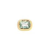 18ct rose gold ring with large bezel-set cushion-cut green quartz in a sculptural puff-top design.
