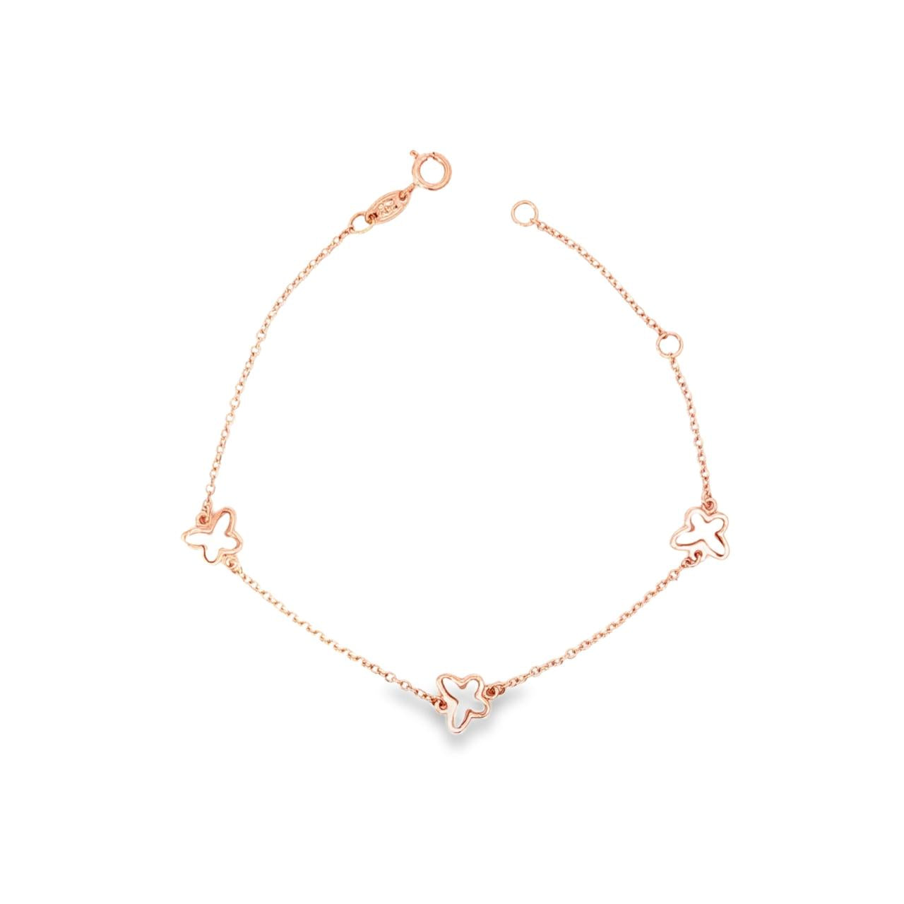 Rose gold trace link bracelet with three mother of pearl butterfly motifs.