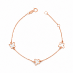 Rose gold trace link bracelet with three mother of pearl butterfly motifs.