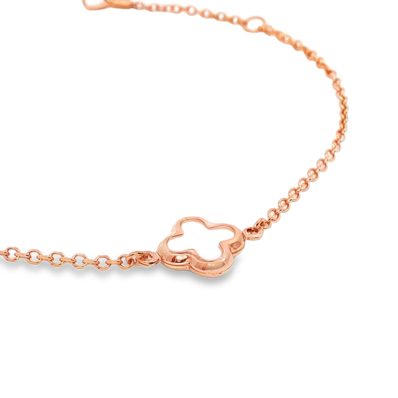 9ct rose gold trace link bracelet with mother of pearl clover centre.