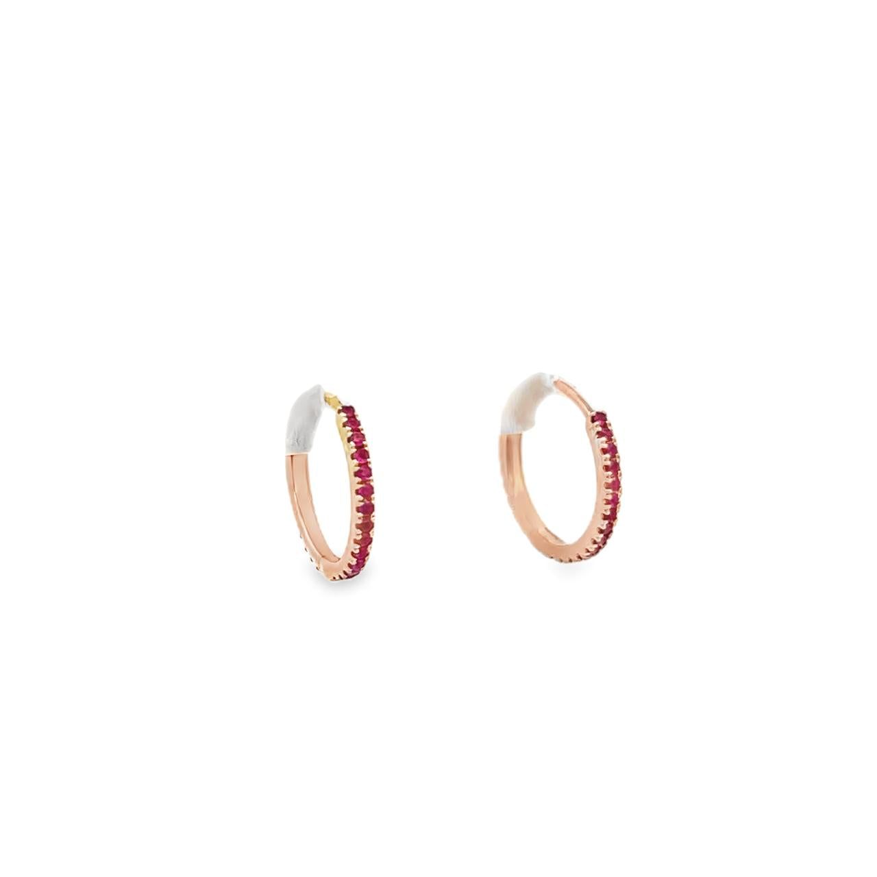 18ct rose gold ruby huggie earrings with claw-set rubies front and back.