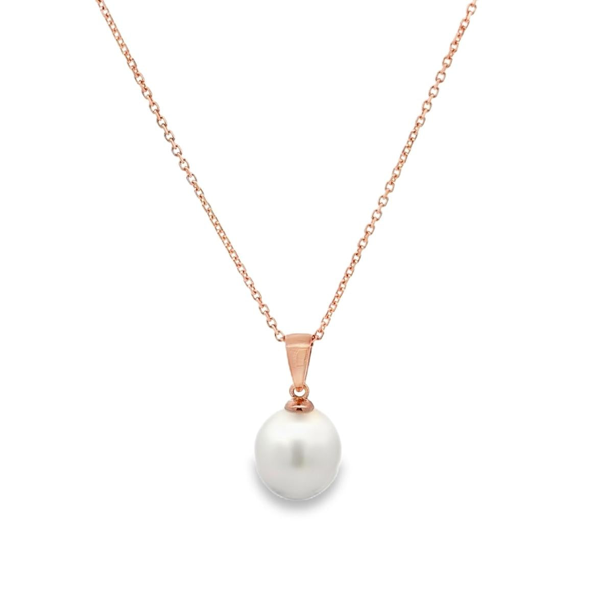 9ct rose gold pendant with 10mm South Sea pearl and articulated tapered bail.