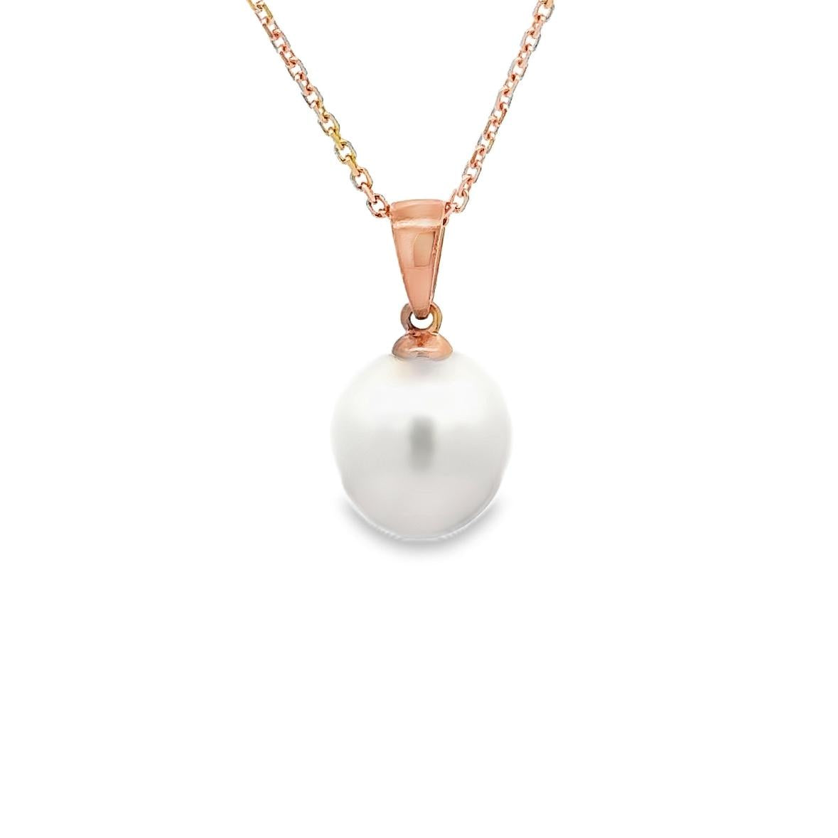 9ct rose gold pendant with 10mm South Sea pearl and articulated tapered bail.