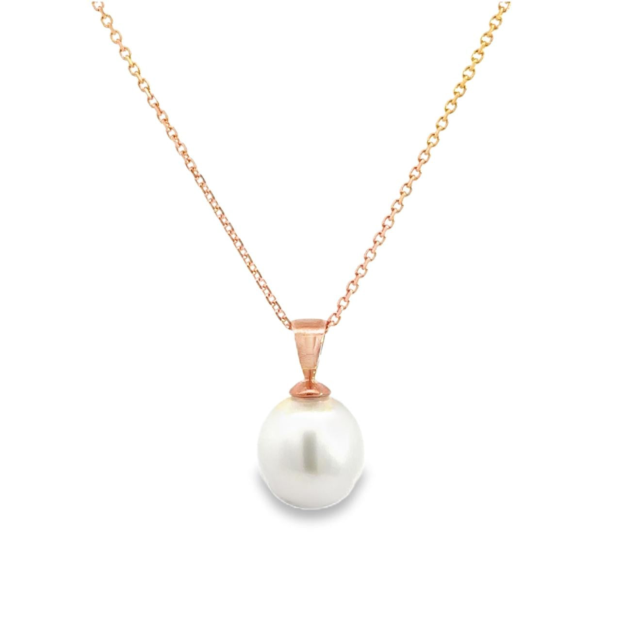 9ct rose gold pendant with 10mm South Sea pearl and articulated tapered bail.