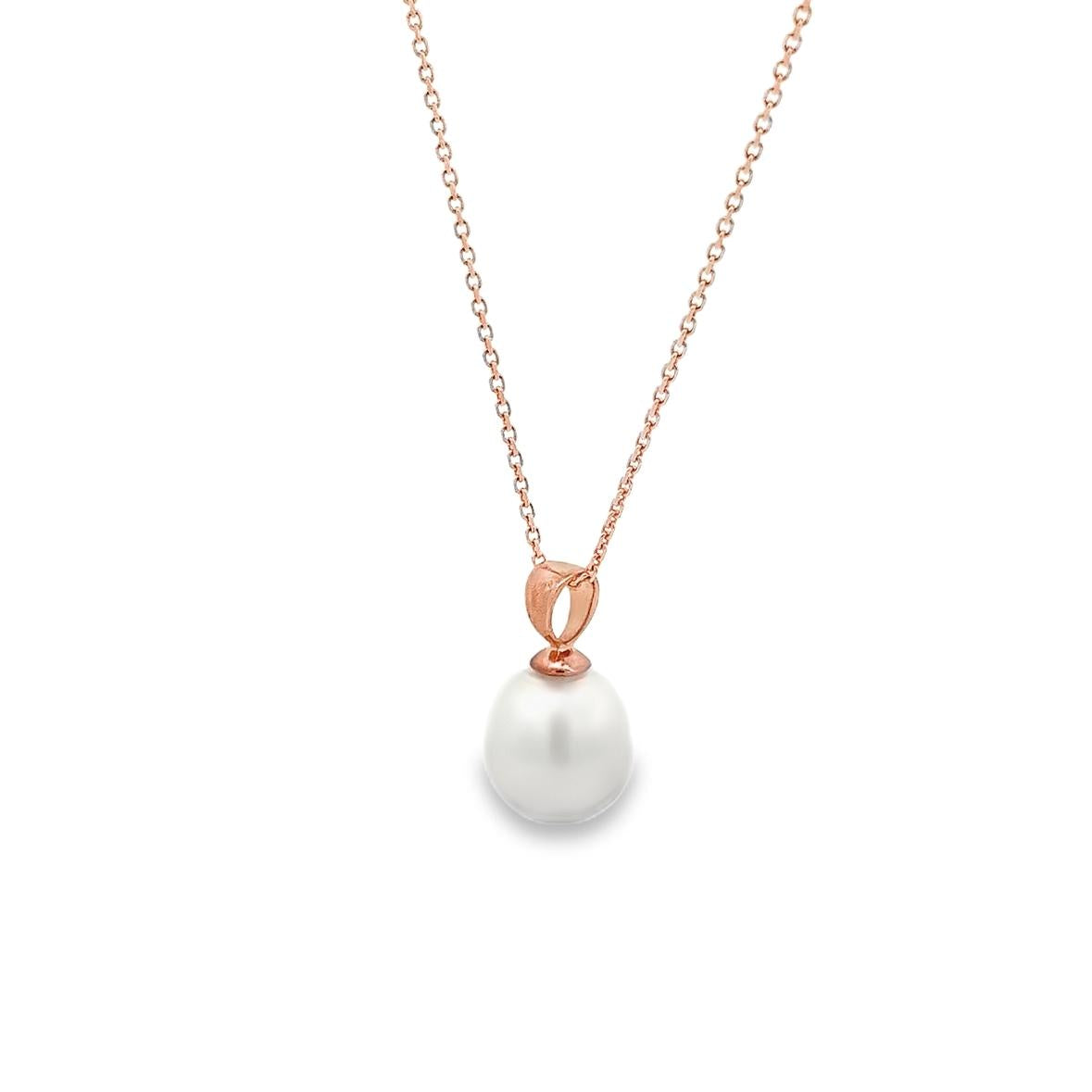 9ct rose gold pendant with 10mm South Sea pearl and articulated tapered bail.