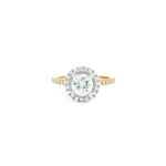 18ct yellow and white gold diamond halo ring featuring a 1.02ct round brilliant cut diamond with a multi-claw halo and diamond-set shoulders.