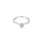 Platinum six-claw solitaire diamond ring featuring a 0.31ct round brilliant cut diamond with a coronet-style cut-out collet.