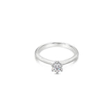 Platinum six-claw solitaire diamond ring featuring a 0.31ct round brilliant cut diamond with a coronet-style cut-out collet.