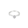 Platinum six-claw solitaire diamond ring featuring a 0.31ct round brilliant cut diamond with a coronet-style cut-out collet.