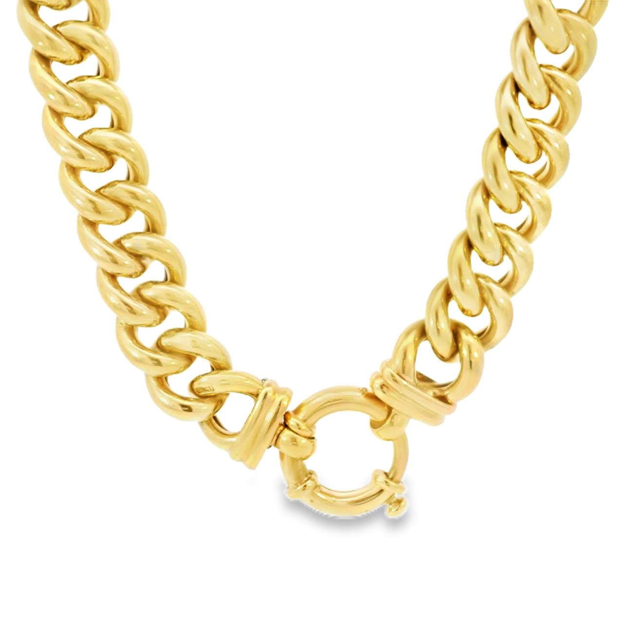 9ct yellow gold rounded curb link necklet with a polished finish and fancy Eurobolt clasp, measuring 42cm long and 14.45mm wide.