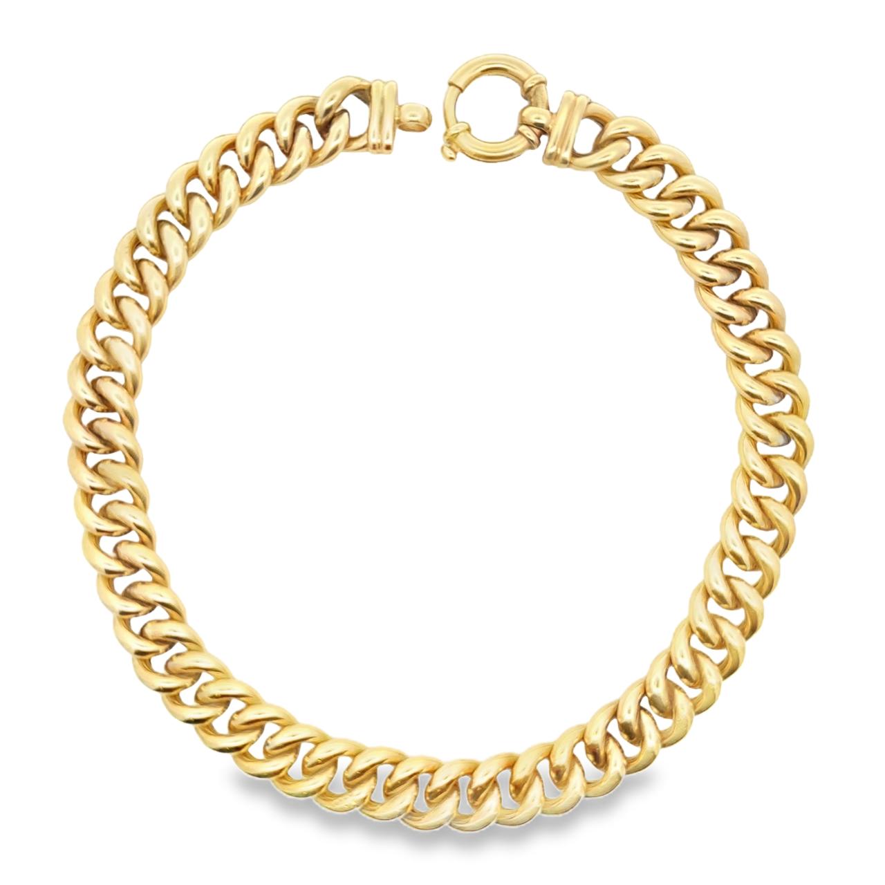 9ct yellow gold rounded curb link necklet with a polished finish and fancy Eurobolt clasp, measuring 42cm long and 14.45mm wide.