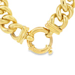 9ct yellow gold rounded curb link necklet with a polished finish and fancy Eurobolt clasp, measuring 42cm long and 14.45mm wide.