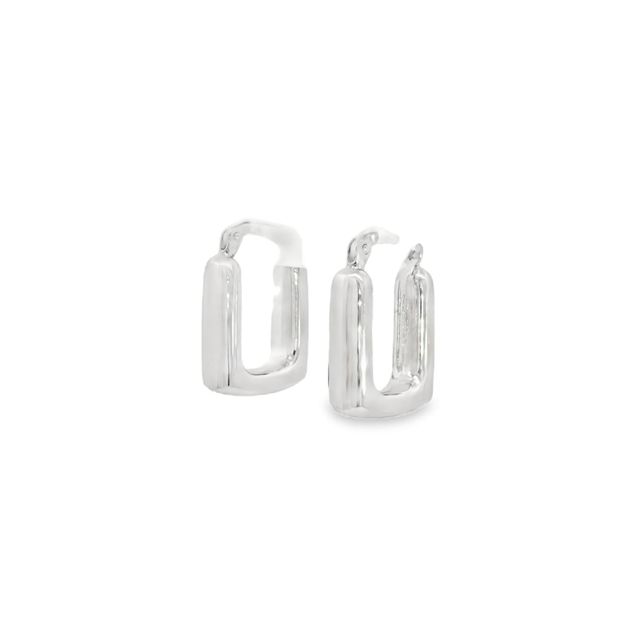 9ct white gold 16 x 4.7mm rounded puff rectangular hoop earrings with polished finish and post and clip fittings.
