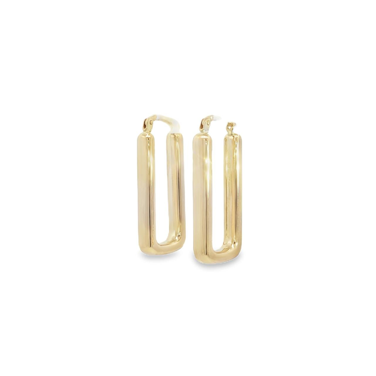 9ct yellow gold 30 x 4.7mm rounded puff rectangular hoop earrings with polished finish and post and clip fittings.