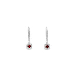 18ct white gold articulated drop earrings featuring round rubies surrounded by cushion-shaped diamond halos with claw-set diamond fronts and continental clip fittings.