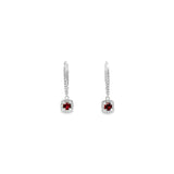 18ct white gold articulated drop earrings featuring round rubies surrounded by cushion-shaped diamond halos with claw-set diamond fronts and continental clip fittings.