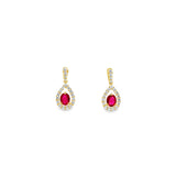 18ct yellow gold earrings featuring oval rubies in three-claw settings with a pear-shaped diamond halo cluster, totalling 0.71ct rubies and 0.44ct diamonds.