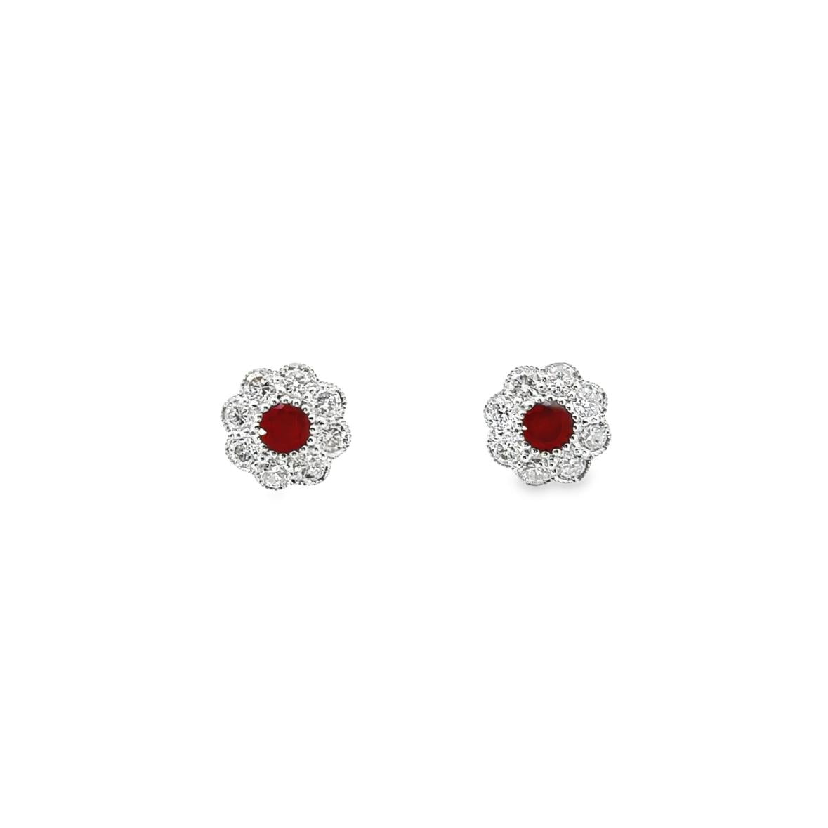 9ct white gold cluster stud earrings featuring bezel-set round rubies surrounded by bead-set diamonds in a posy-style design with post and butterfly fittings.
