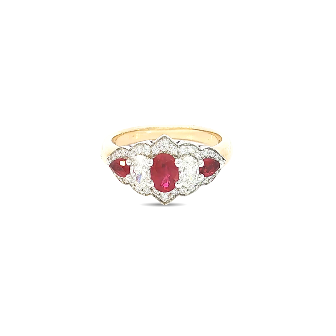 18ct yellow and white gold five-stone ruby and diamond ring featuring alternating claw-set gems with a pointed diamond surround.