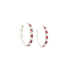 18ct white gold hinged earrings featuring alternating rubies and round brilliant cut diamonds in claw settings.