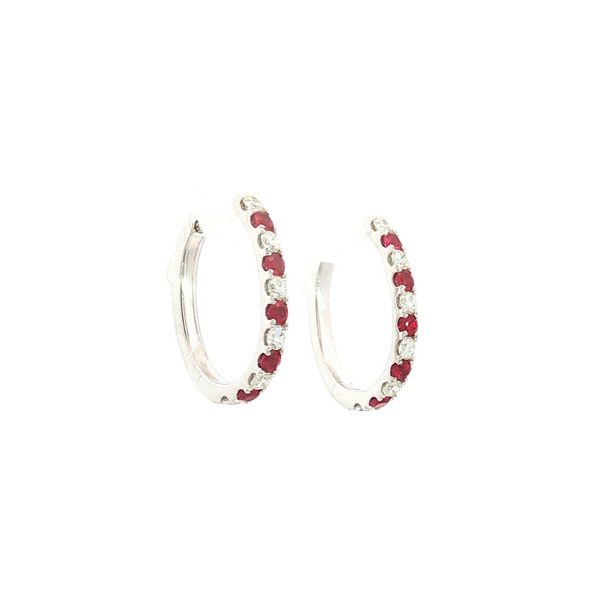 18ct white gold hinged earrings featuring alternating rubies and round brilliant cut diamonds in claw settings.
