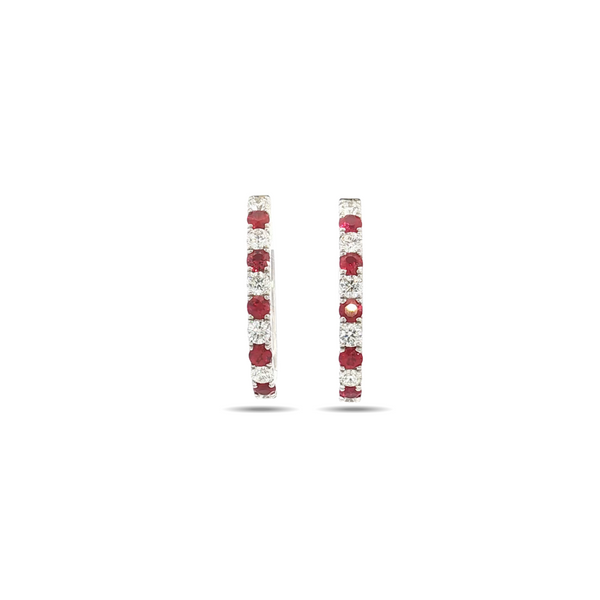 18ct white gold hinged earrings featuring alternating rubies and round brilliant cut diamonds in claw settings.