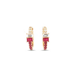 18ct yellow gold huggie earrings with emerald-cut ruby and diamond set horizontally, rubies extending to the bottom and diamonds to the top, hinged with clip catch.