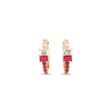 18ct yellow gold huggie earrings with emerald-cut ruby and diamond set horizontally, rubies extending to the bottom and diamonds to the top, hinged with clip catch.