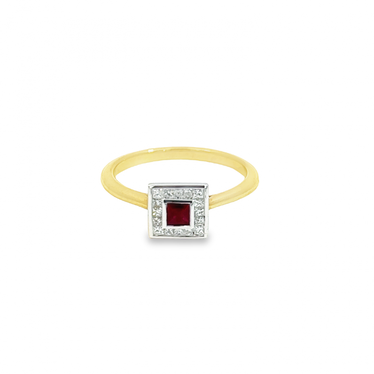18ct yellow and white gold ring featuring a 0.27ct square ruby bezel set at the centre with sixteen princess cut diamonds totalling 0.22ct.