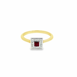 18ct yellow and white gold ring featuring a 0.27ct square ruby bezel set at the centre with sixteen princess cut diamonds totalling 0.22ct.