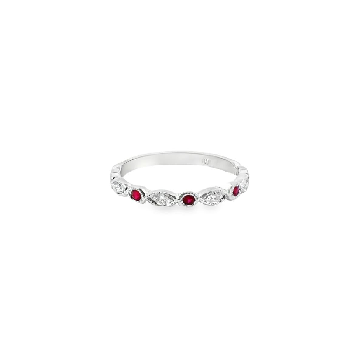 9ct white gold ring featuring five round cut rubies and four round brilliant cut diamonds in alternating hexagonal and marquise-shaped bead settings across the top.