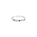 9ct white gold ring featuring five round cut rubies and four round brilliant cut diamonds in alternating hexagonal and marquise-shaped bead settings across the top.