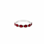 18ct white gold ring featuring six oval-cut rubies and ten round brilliant cut diamonds in alternating horizontal claw settings across the top.