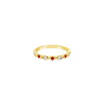 9ct yellow gold ruby and diamond ring featuring alternating hexagonal and marquise-shaped bead settings with polished finish.