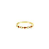 9ct yellow gold ruby and diamond ring featuring alternating hexagonal and marquise-shaped bead settings with polished finish.