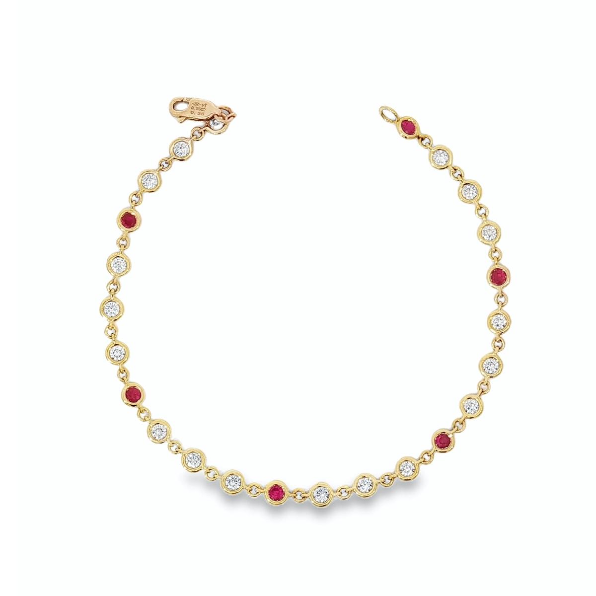 18ct yellow gold bracelet with bezel set diamonds and rubies in repeating pattern