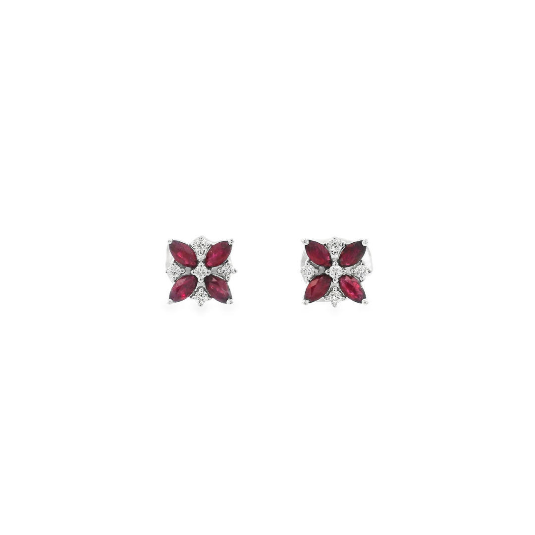 18ct white gold ruby and diamond flower stud earrings with marquise rubies and round brilliant diamonds.