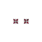 18ct white gold ruby and diamond flower stud earrings with marquise rubies and round brilliant diamonds.