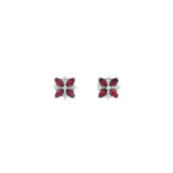 18ct white gold ruby and diamond flower stud earrings with marquise rubies and round brilliant diamonds.